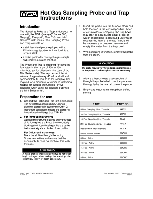 Hot gas probe instruction sheet cover